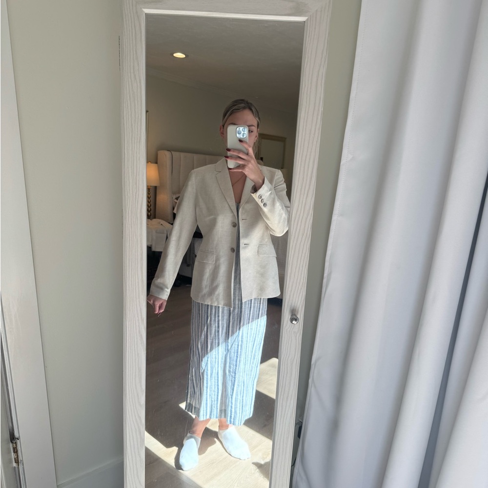 Beige Blazer with Striped Skirt